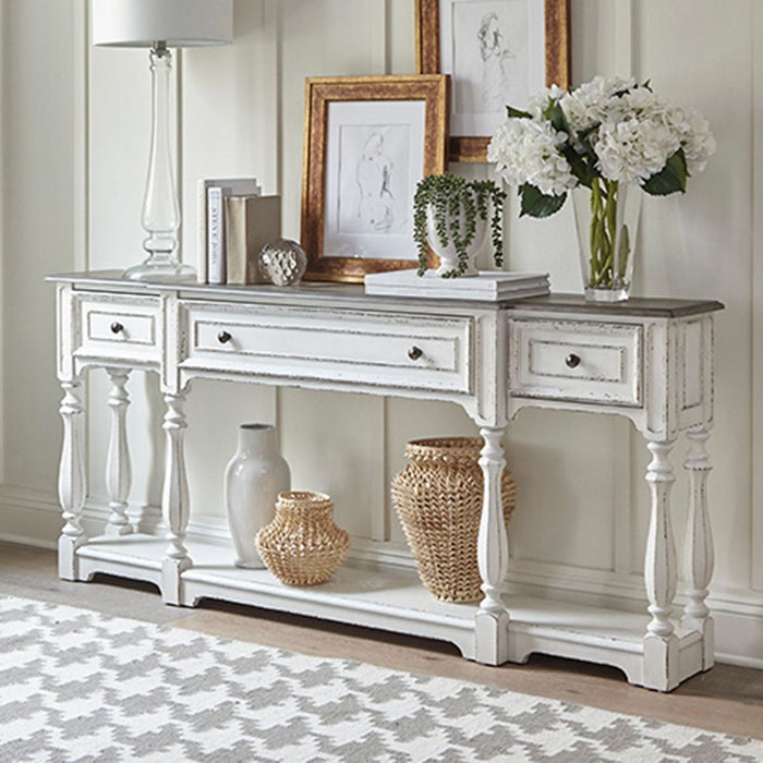 Liberty Furniture Magnolia Manor 72 Inch Hall Console Table in Antique White Base w/ Weathered Bark Tops