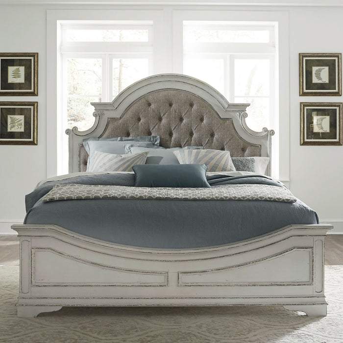 Magnolia Manor King California Upholstered Bed, Dresser & Mirror, Night Stand
