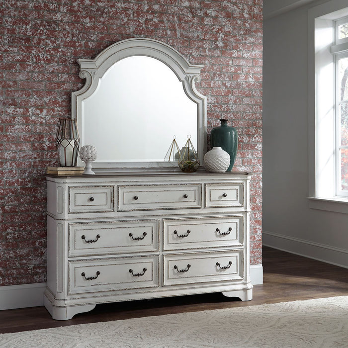 Magnolia Manor King California Upholstered Sleigh Bed, Dresser & Mirror, Chest