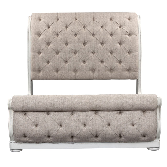 Magnolia Manor King California Upholstered Sleigh Bed, Dresser & Mirror, Chest