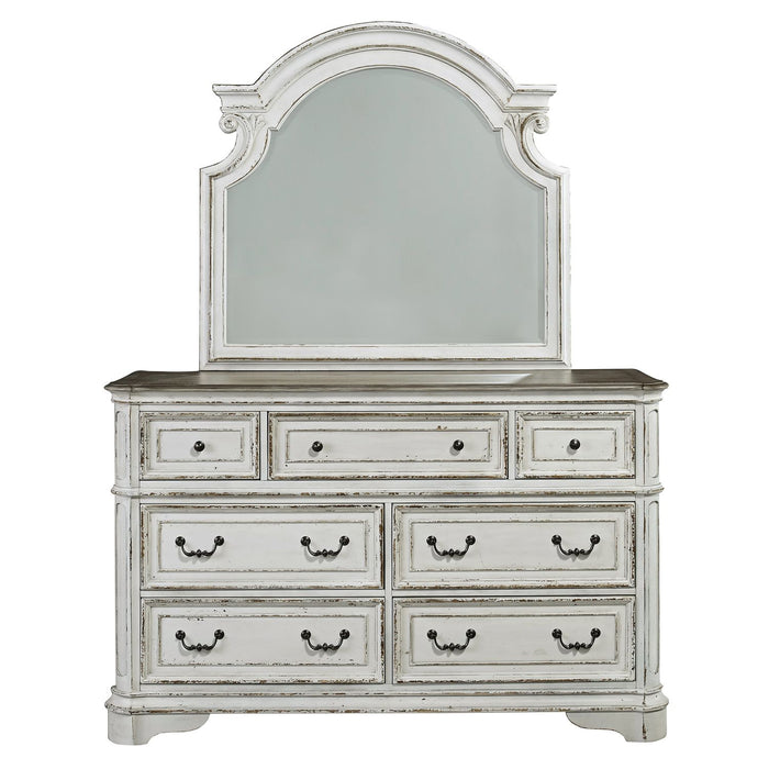 Magnolia Manor King California Upholstered Sleigh Bed, Dresser & Mirror, Chest
