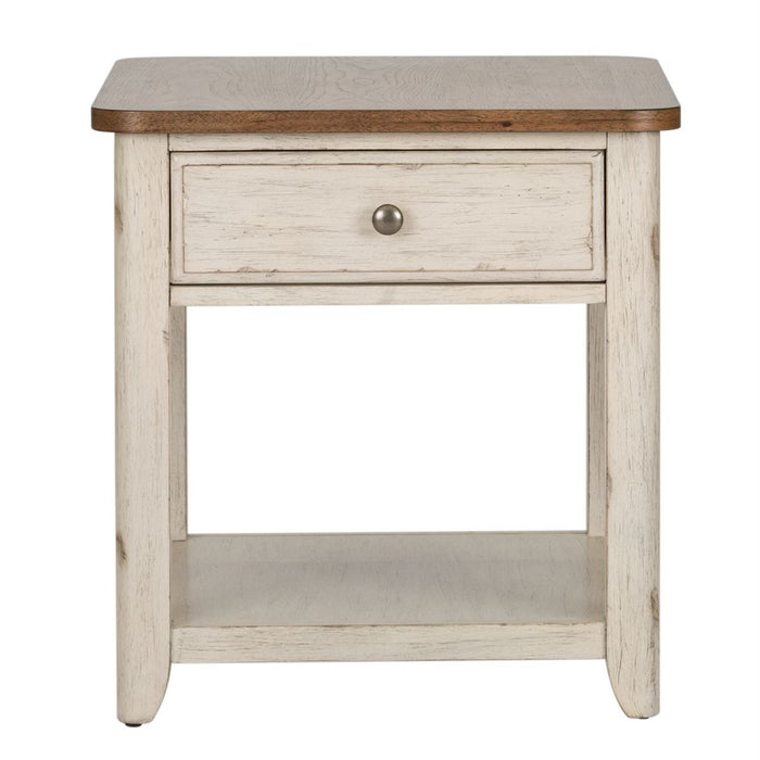 Liberty Farmhouse Reimagined End Table with Basket in Antique White