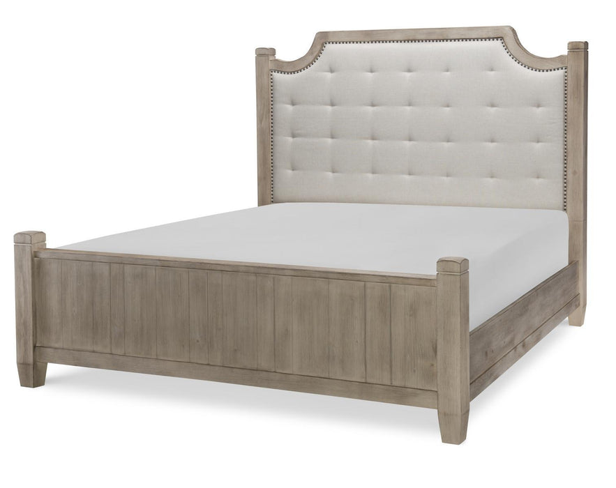 Legacy Classic Furniture Monteverdi Upholstered Low Post Califronia King Bed in Sun-Bleached Cypress
