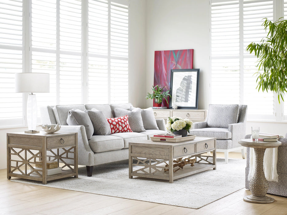 American Drew Vista Biscane Round End Table in White Oak